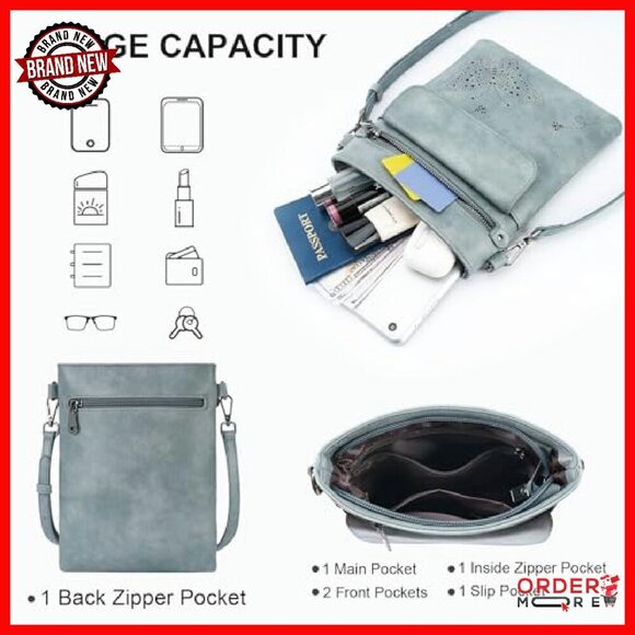 Vegan Leather Crossbody Bag Adjustable Strap Multiple Pockets Compact - Picture 4 of 8